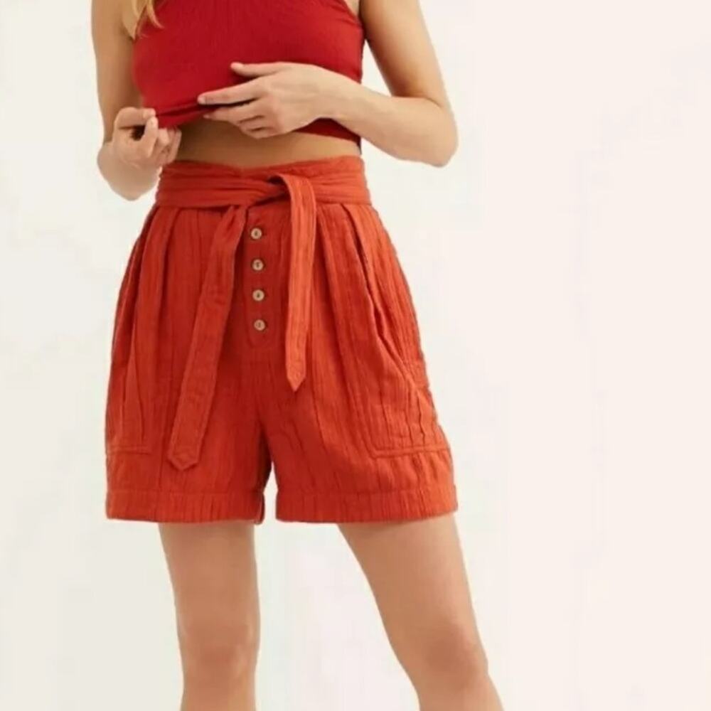 Free People High Waisted Shorts Cotton Burnt Orange Tie New Small